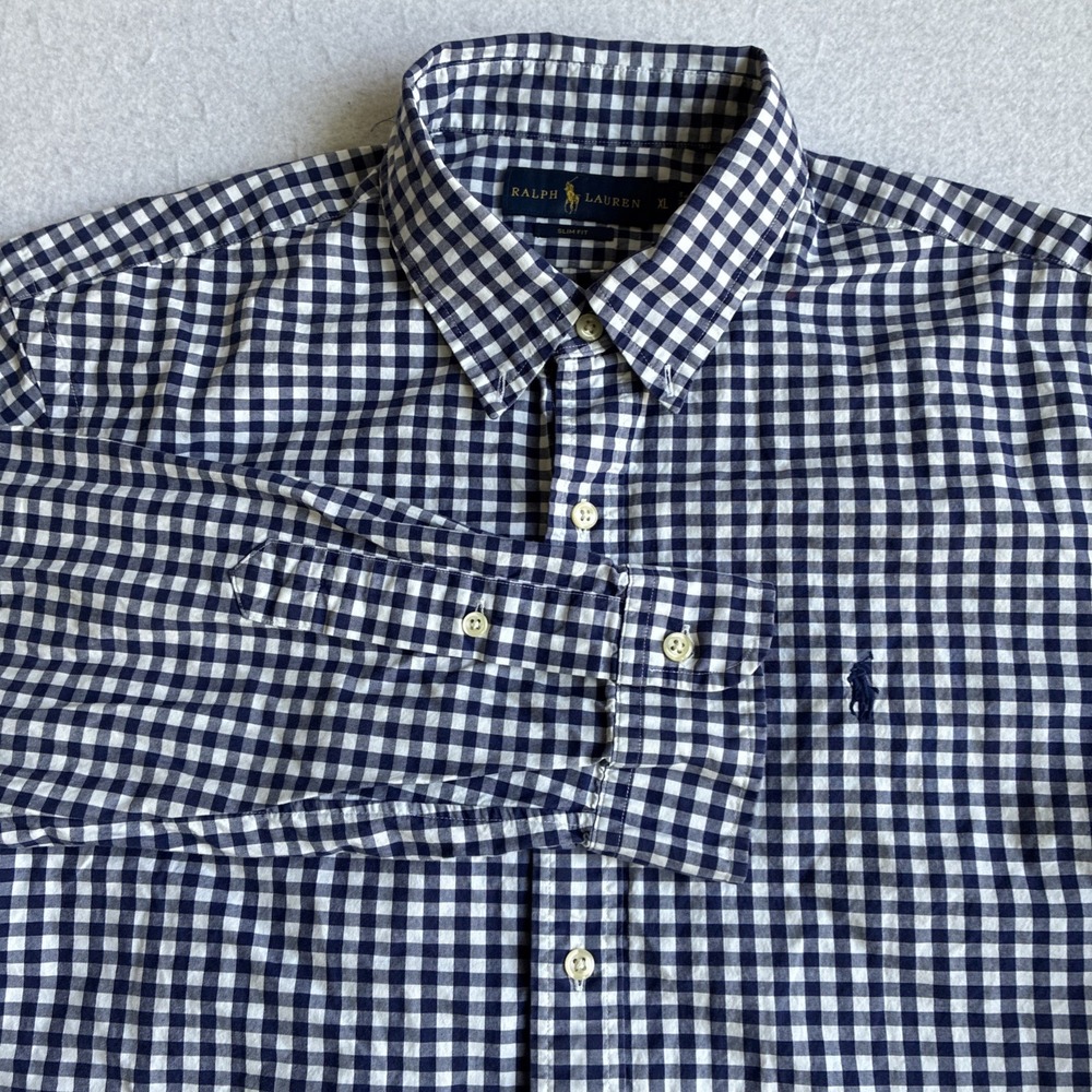 Ralph Lauren Mens Slim Fit Gingham Plaid Long Sleeve Button Down Mens XL Preppy